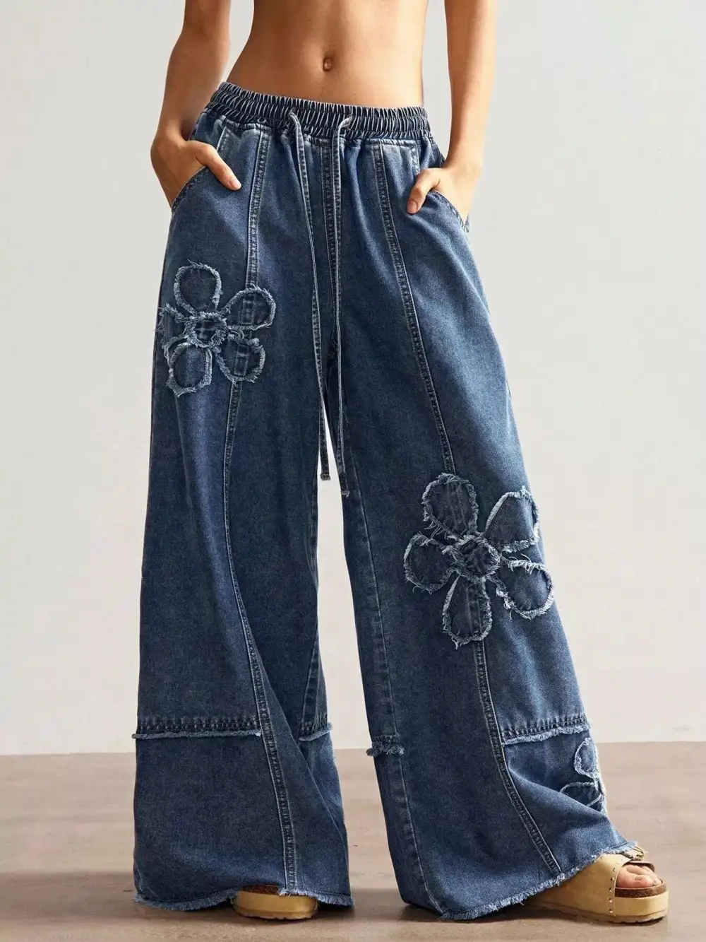 Drawstring Distressed Wide Leg Jeans