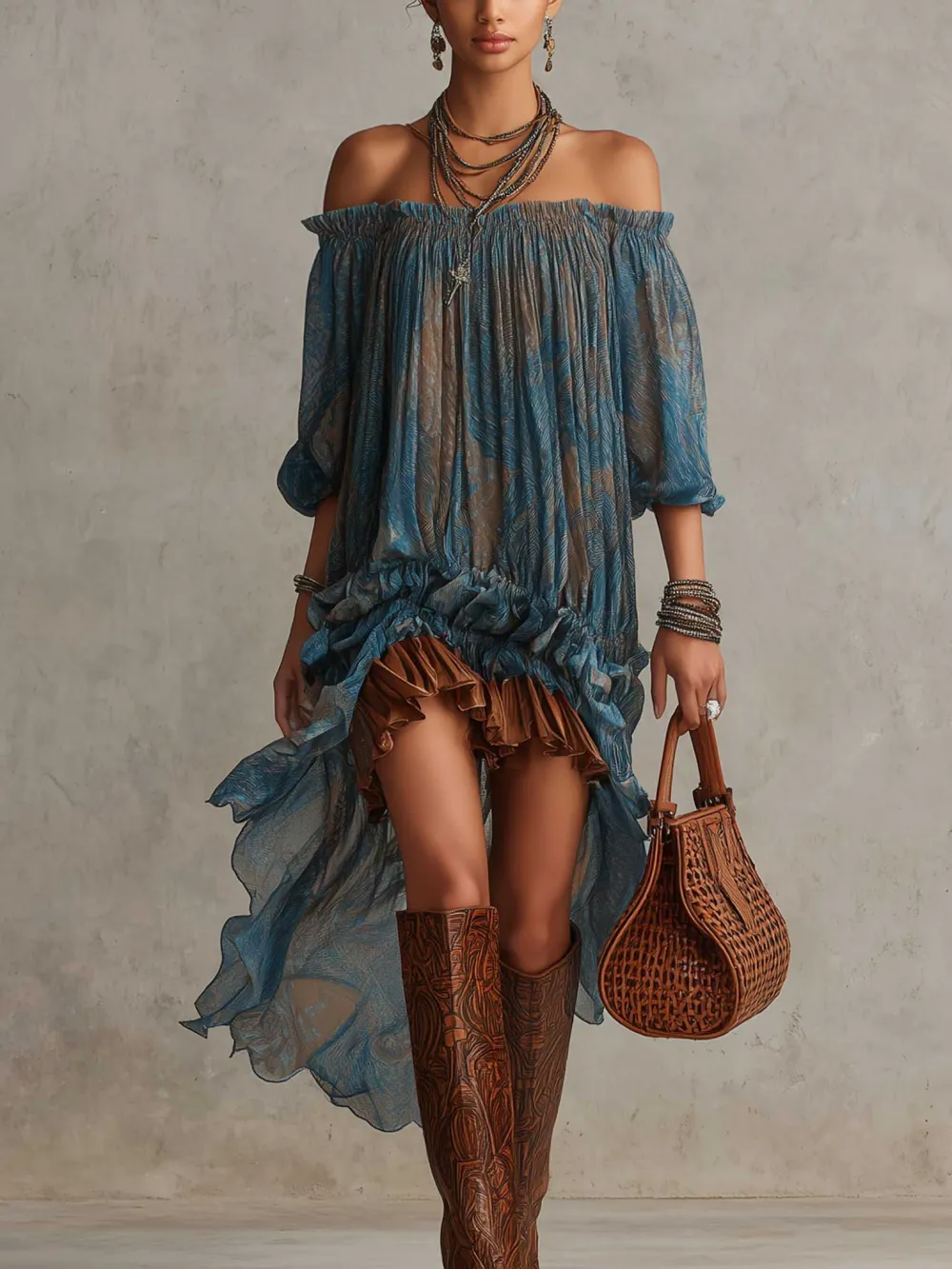 Bohemian Off Shoulder Ruffled Sheer High Midi Dress