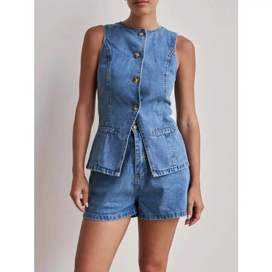 Relaxed Button Down Vest and Shorts Denim Set