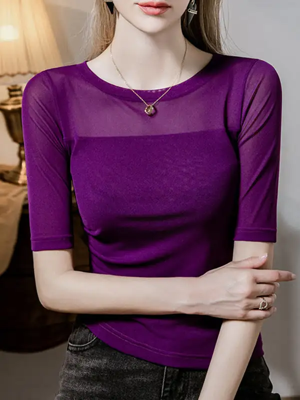 Half Sleeve Curve Fit Asymmetric Pleat Detail Panel Detail Round Neck T-Shirt
