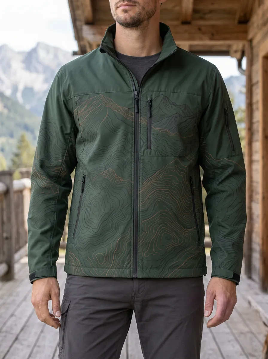 Men's Hiking Outdoor Topographic Map Printed Jacket