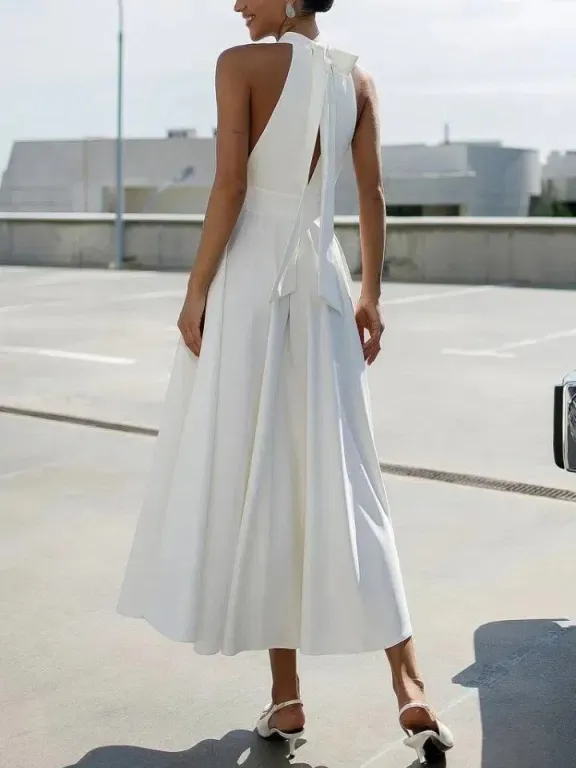 Elegant Halter Neck Flared Midi Dress