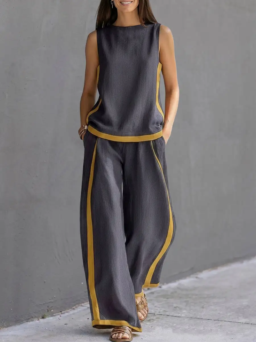 High Waist Round Neck Top And Pants Set