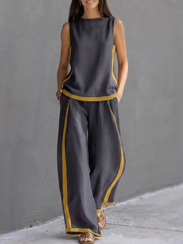 High Waist Round Neck Top And Pants Set