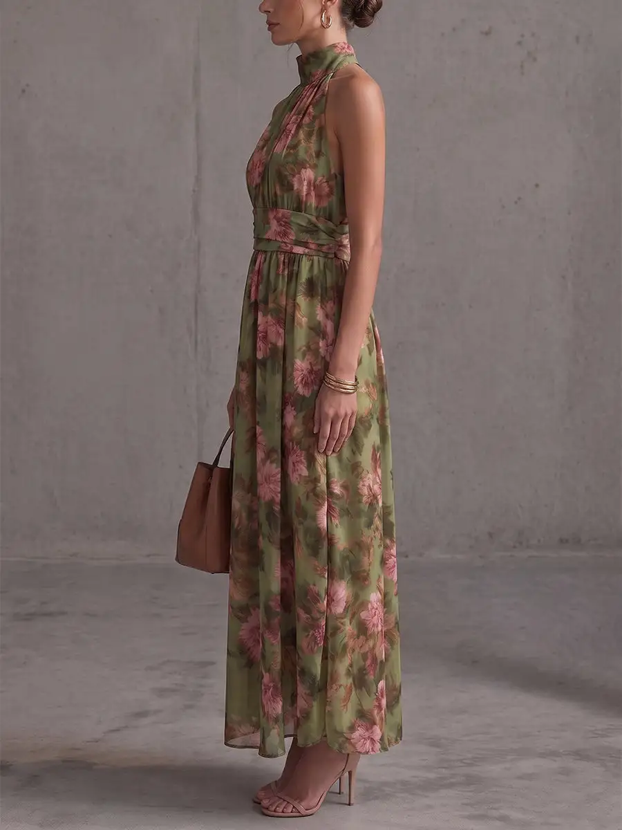 Waisted Pleated Buttoned Sleeveless Neck Maxi Dress