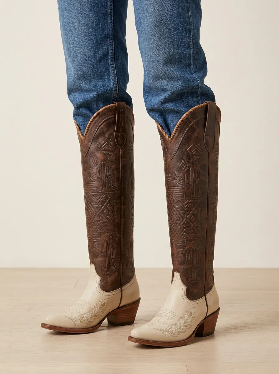 Women's Western Cactus Leaf Geometric Embroidered Embossed Piped Denim Over-the-Knee Boots