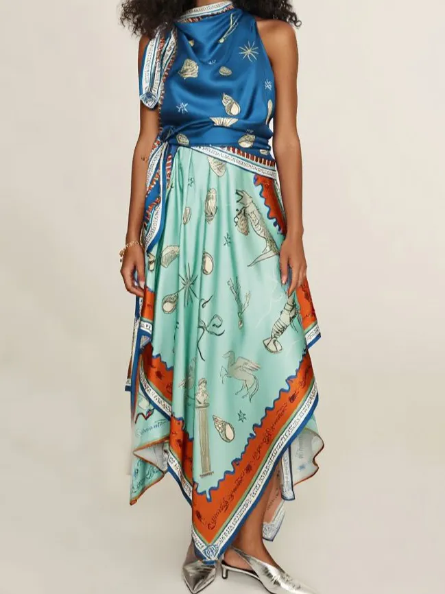 Satin Deep Sea Print Scarf Midi Dress