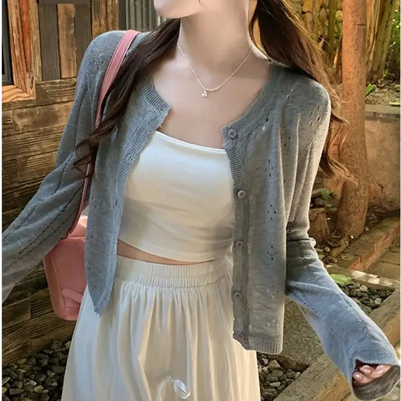 Cropped V-Neck Short-Sleeve Knit Cardigan