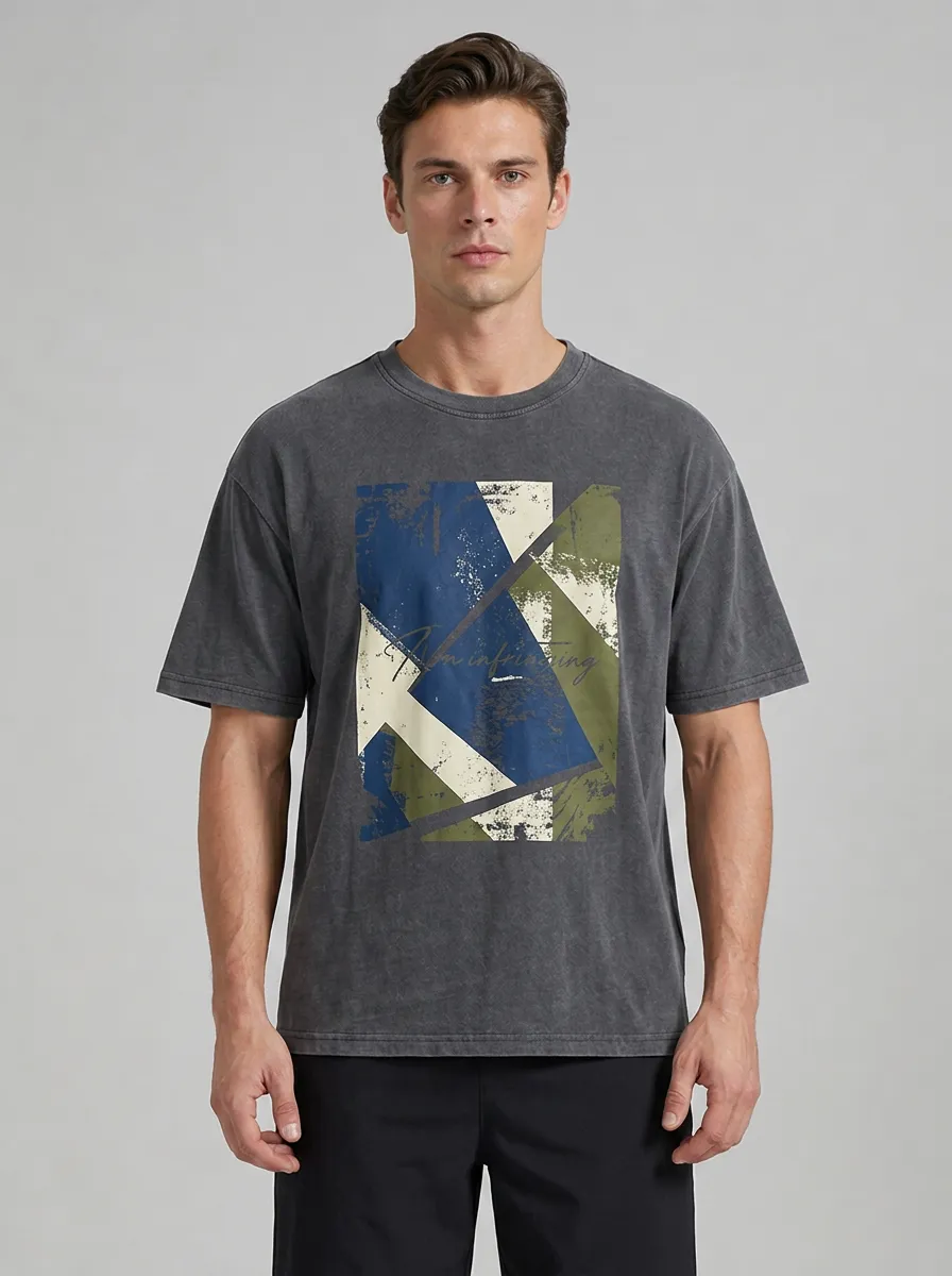 Men's Geometric Abstract Pattern Washed Cotton Printed T-shirt