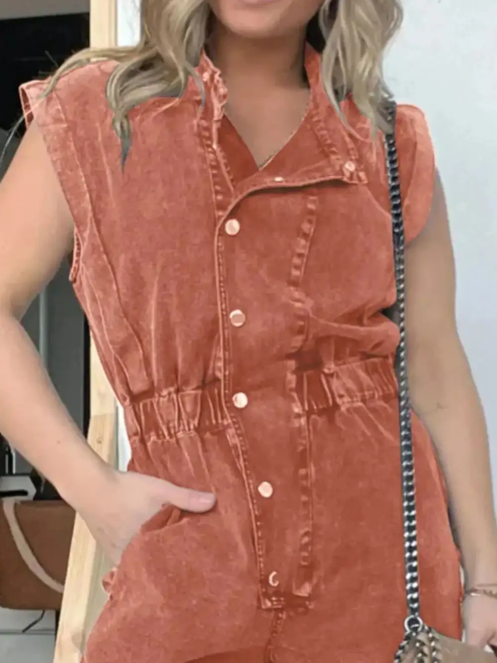 Plus Size Button Front Cap Sleeve Accessory