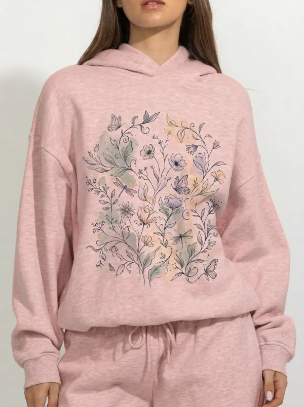 Women's Botanical Butterfly Dragonfly Watercolor Printed Hoodie