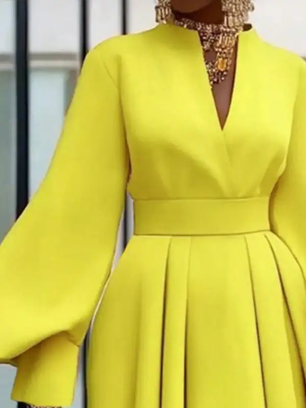 A Line Long Sleeve Pleated Solid Color V Neck Mini Dress