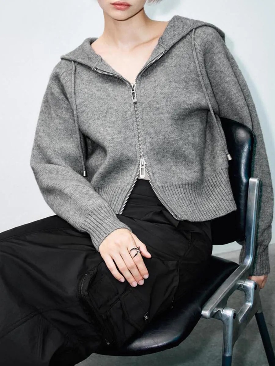 Lady's Grey Casual Style Zippered Hoodie Without Patterns