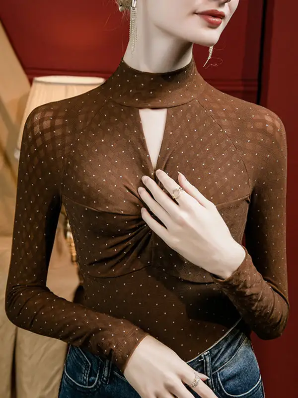 Long Sleeve Curve Fit Cutout Knot Polka Dot Rhine Stones Panel Detail Mock Neck T-Shirt