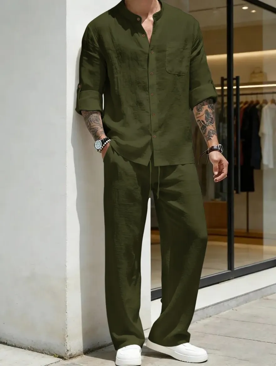 Men's Linen Stand Collar Long Sleeve Casual Suit