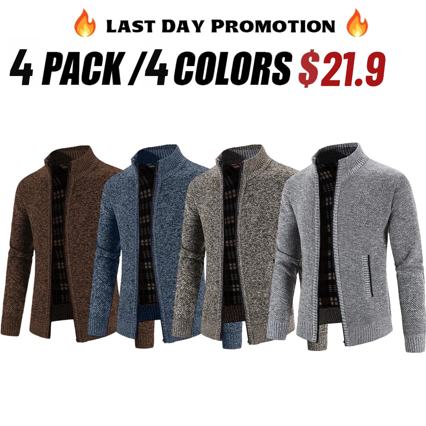 Men's solid color long zip-up stand collar cardigan - grecae
