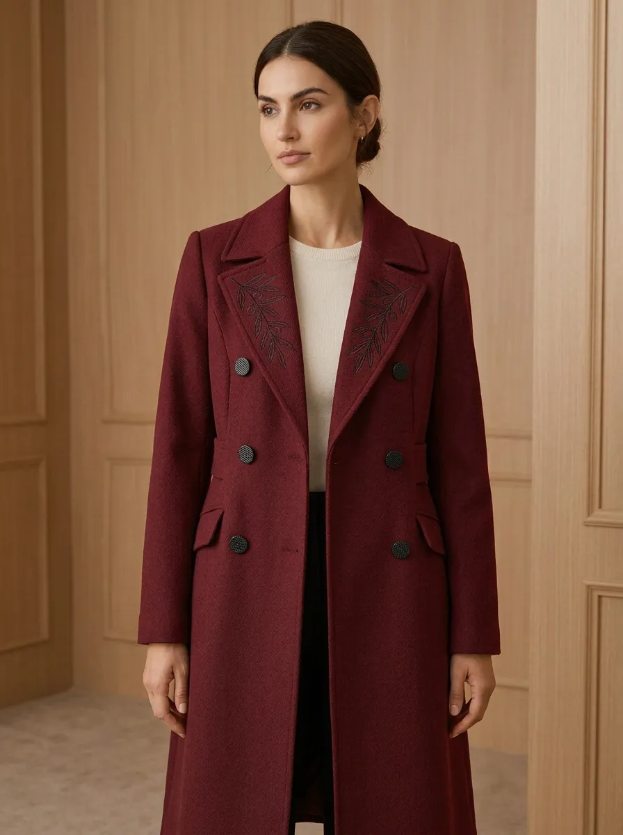 Women's Olive Branch Embroidered Grey Double-Breasted Wool Coat