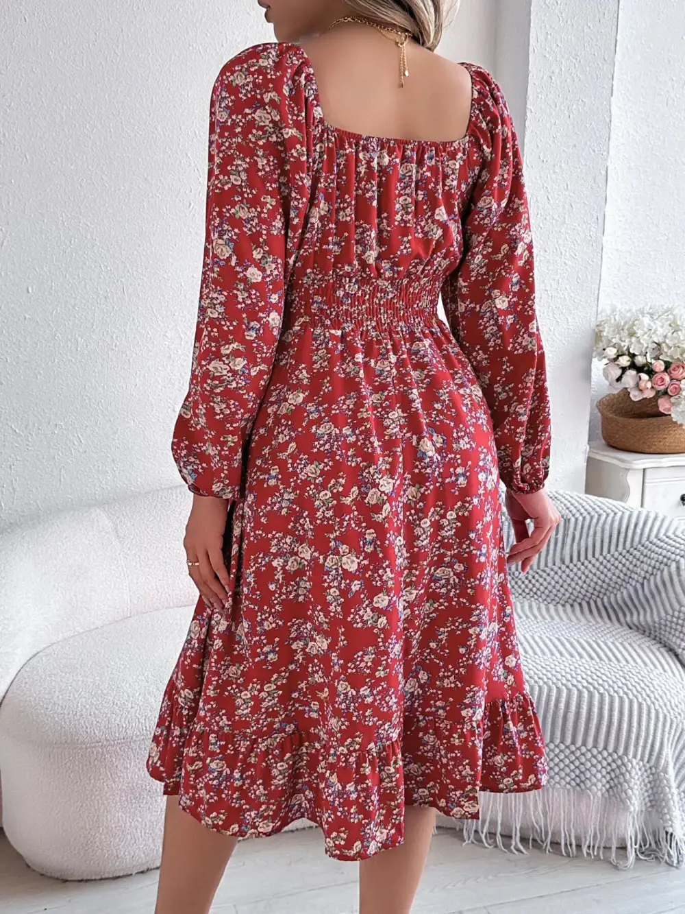 Floral Printed Square Neck Midi Dress