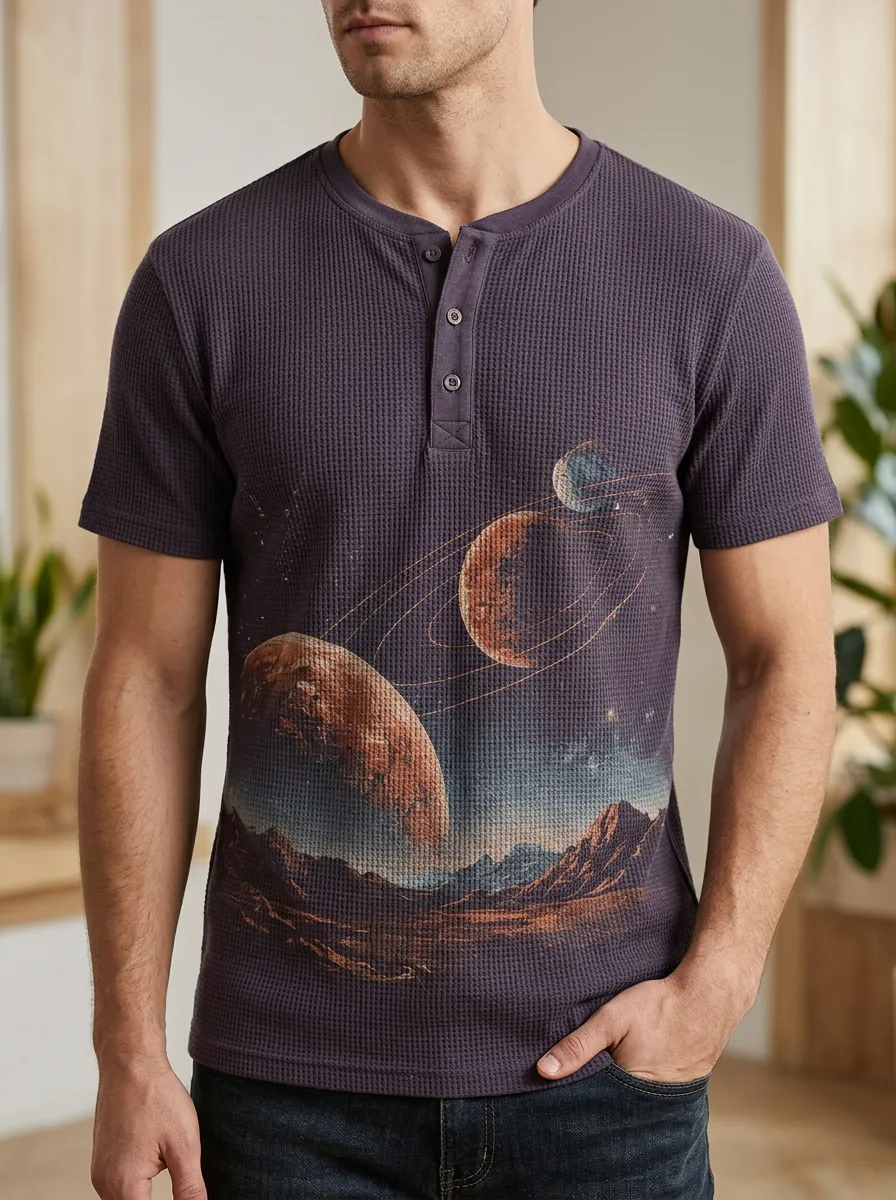 Men's Modern Space Astronomy Planet Landscape Henley T-Shirt
