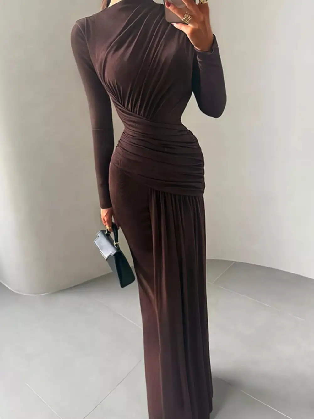 Polished Detail Ruched Long Sleeve Maxi Dress