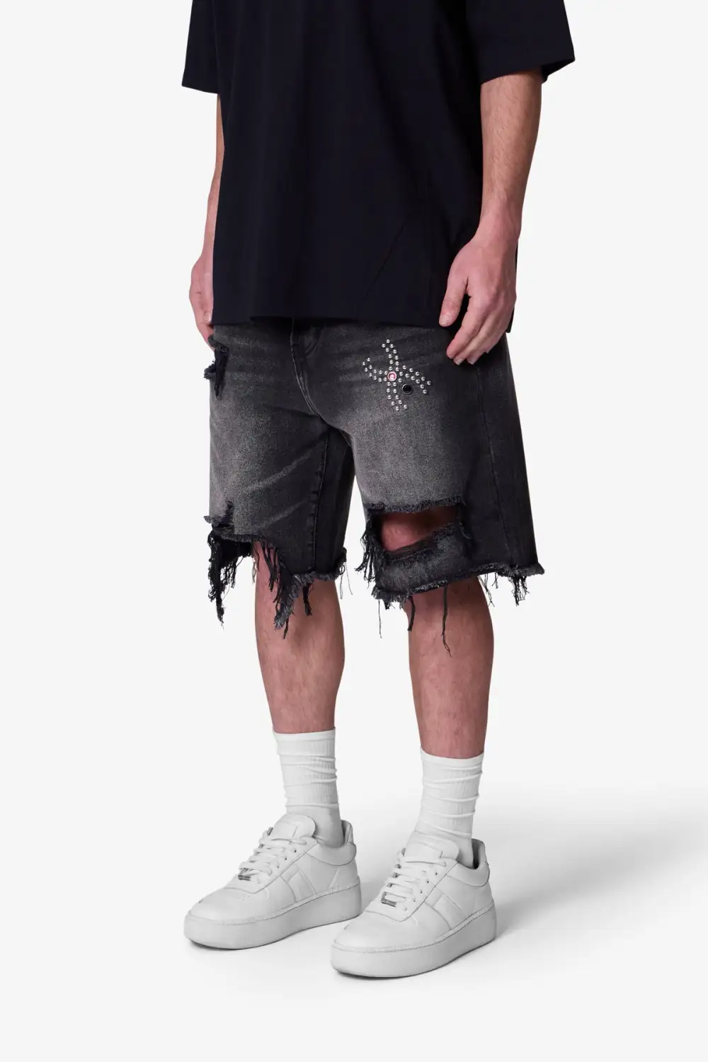 Distressed Motif Denim Shorts