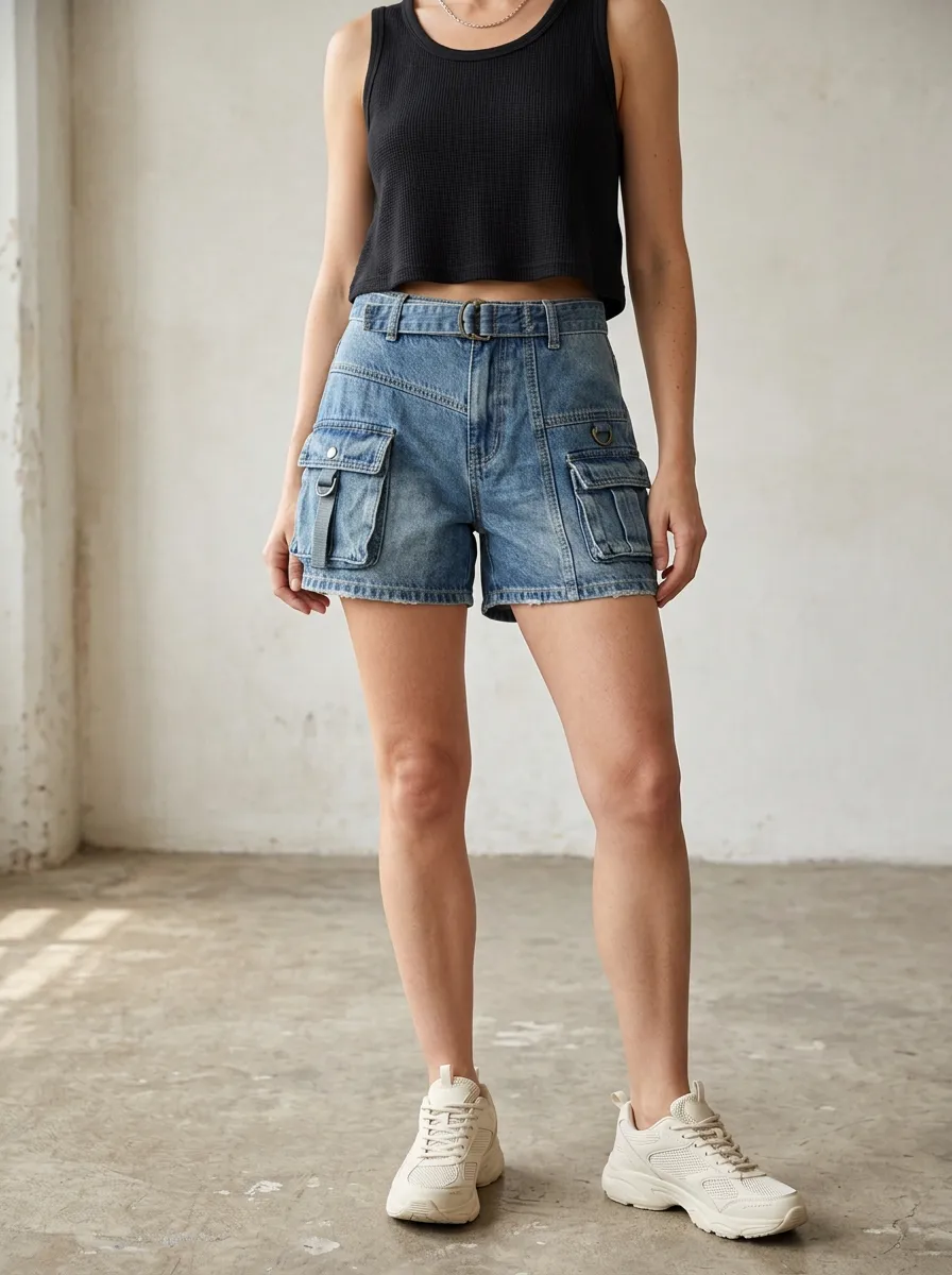 Women's Casual Streetwear Multi-Pocket Belted Denim Shorts