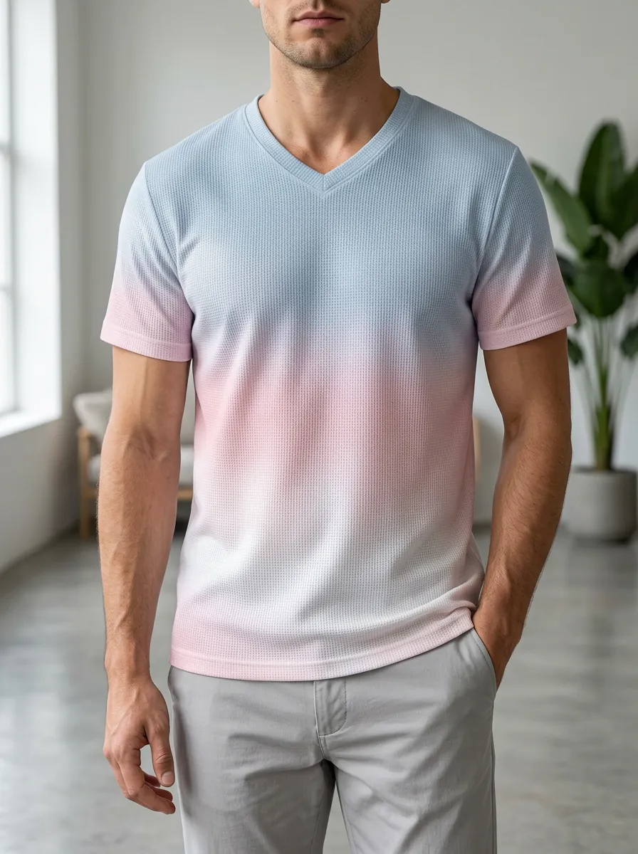 Men's Casual Style Blue Pink Ombre Waffle Printed V-Neck T-Shirt