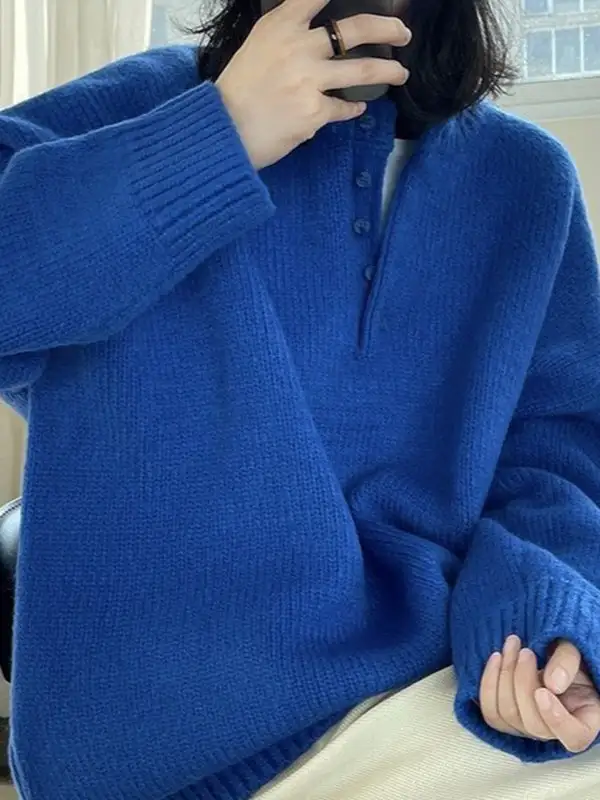 Paneled Round Neck Long Sleeve Relaxed Fit Roomy Fit Sweater