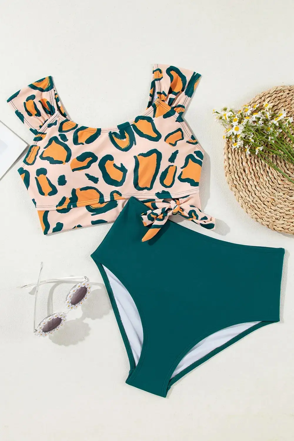 Leopard Print U Neck Knotted Bikini Swim Set