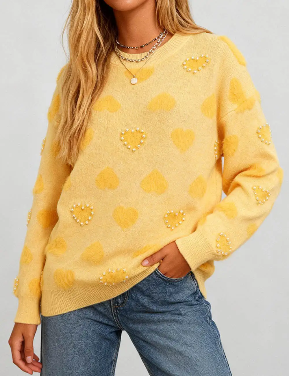Valentine Heart Pattern Round Neck Bead Sweater