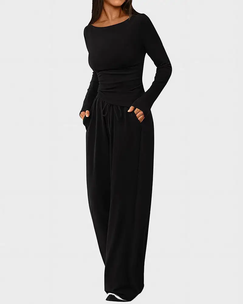 Asymmetrical Long Sleeve Top and Wide Leg Pants Lounge Set
