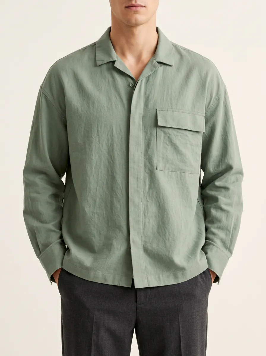 Sage Green Shirt Featuring Classic Collar Design