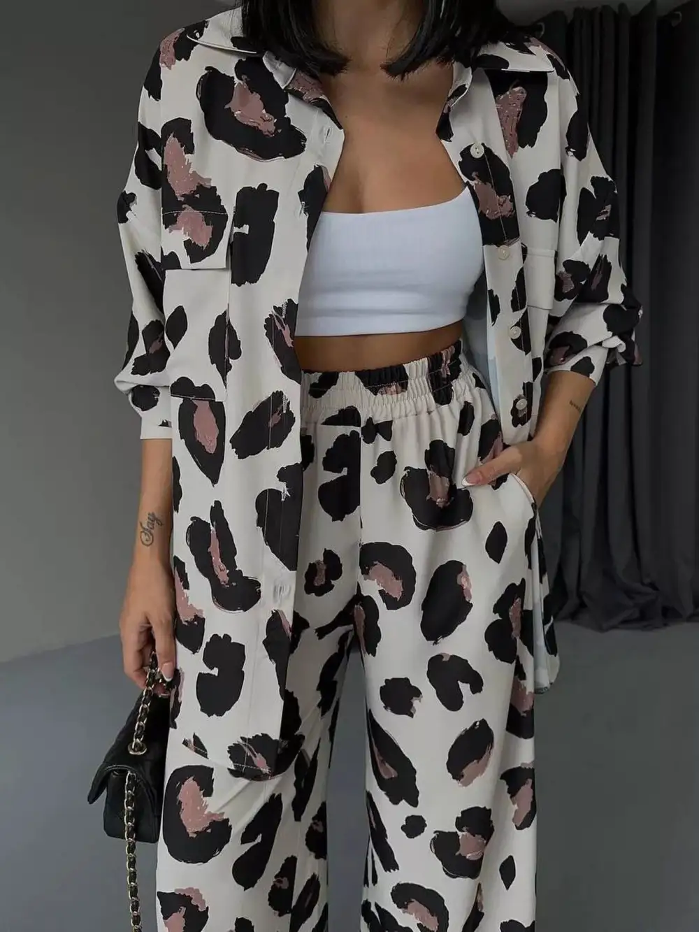 Leopard Print Relaxed Fit Shirt and Pants Set