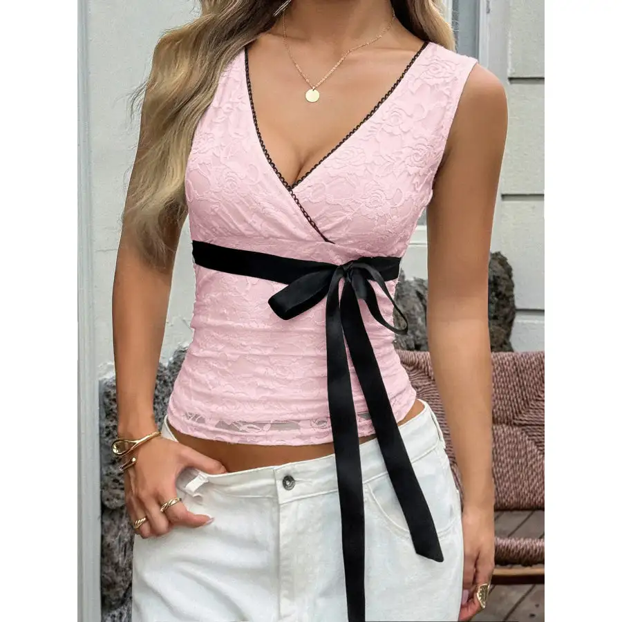 Lace Surplice Ribbon Tie Tank