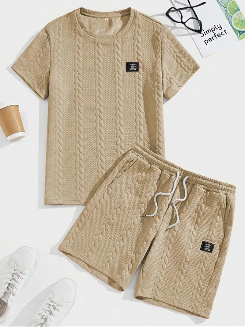 Men's Solid Textured Patched Tee & Drawstring Waist Shorts Set