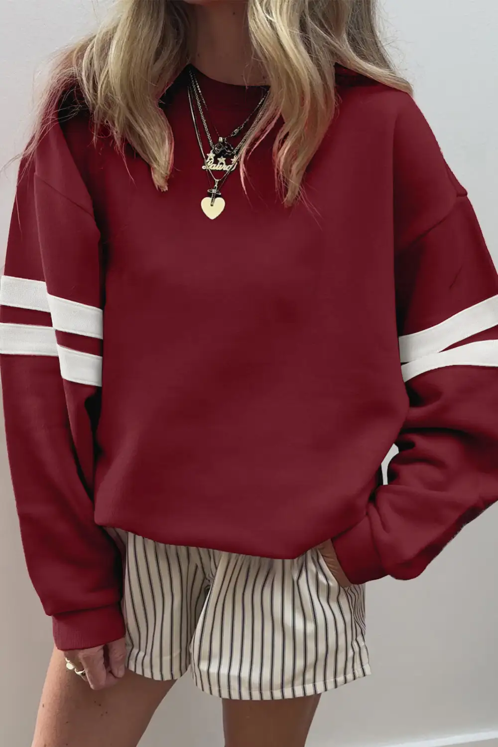 Laid Back Relaxed Striped Drop Shoulder Varsity Stripe Sweatshirt
