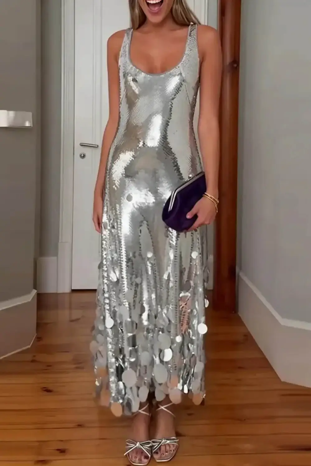 Tips Sequin Irregular Round Maxi Gown