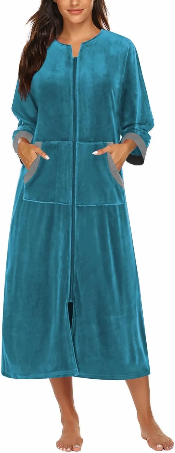 50% OFF Women Zipper Robe 3/4 Sleeves Loungewear Dress Full Length Sleepwear Pockets Housecoat Nightgown Long Bathrobe