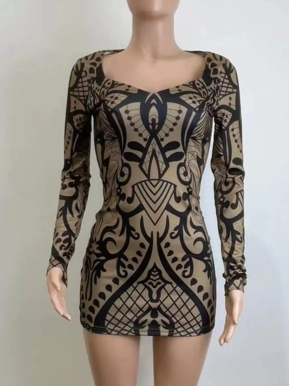 Abstract Print Long Sleeve Mini Dress