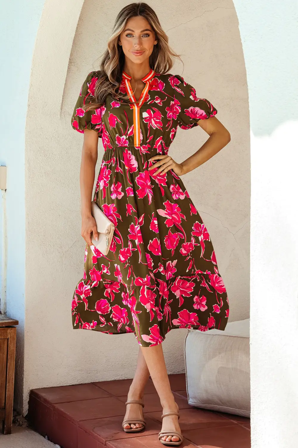 Floral Striped Split Neck Maxi Dress