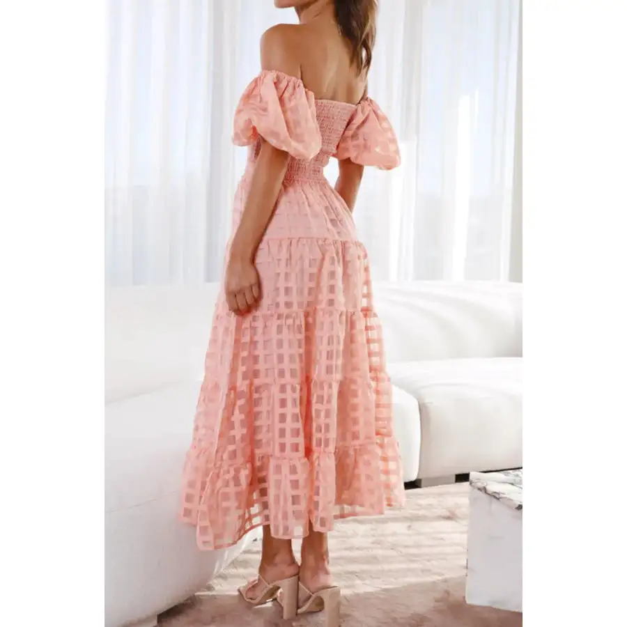 Off Shoulder Short Puff Sleeve Midi Dress