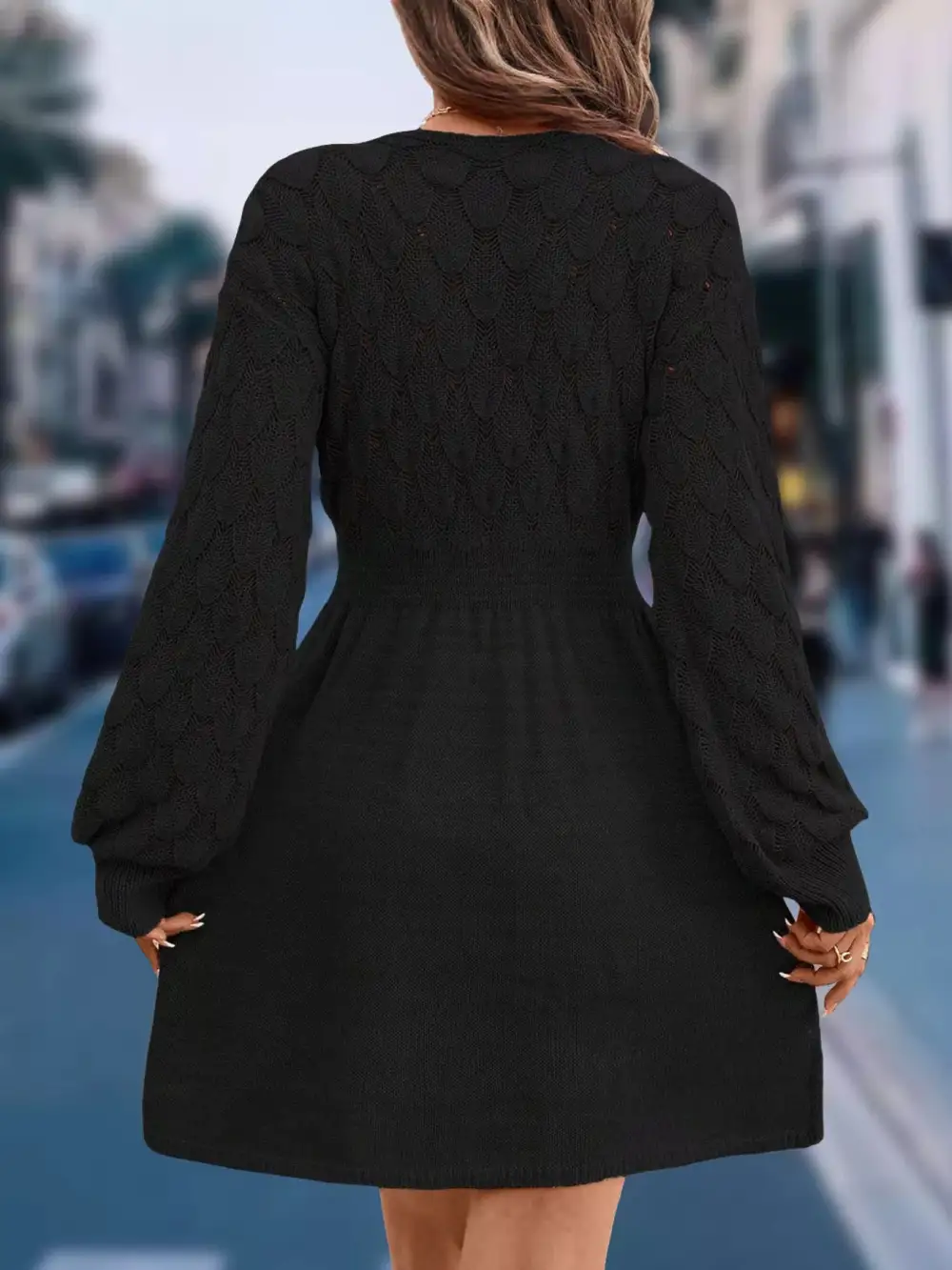 V-Neck Long Sleeve Sweater Knit Dress