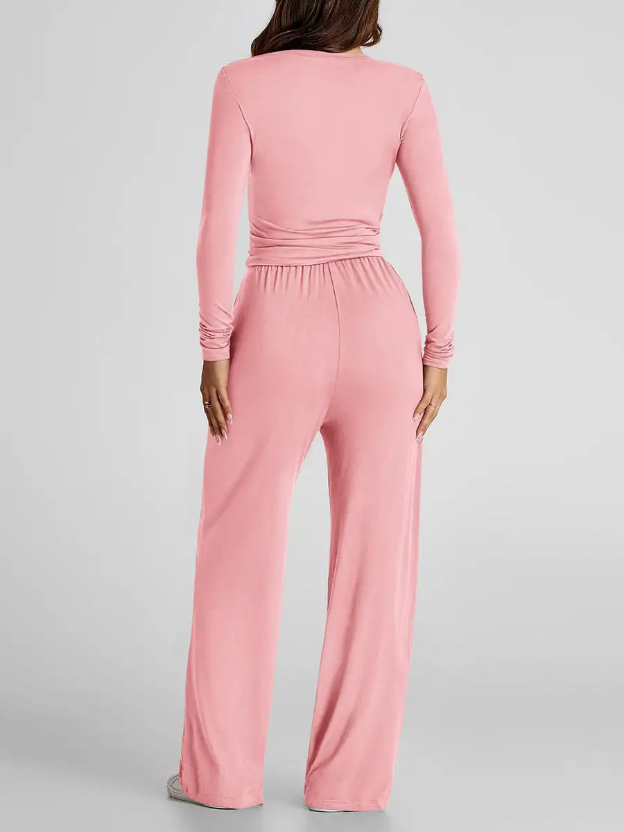 Pleated Round Neck Tee And Pants Set