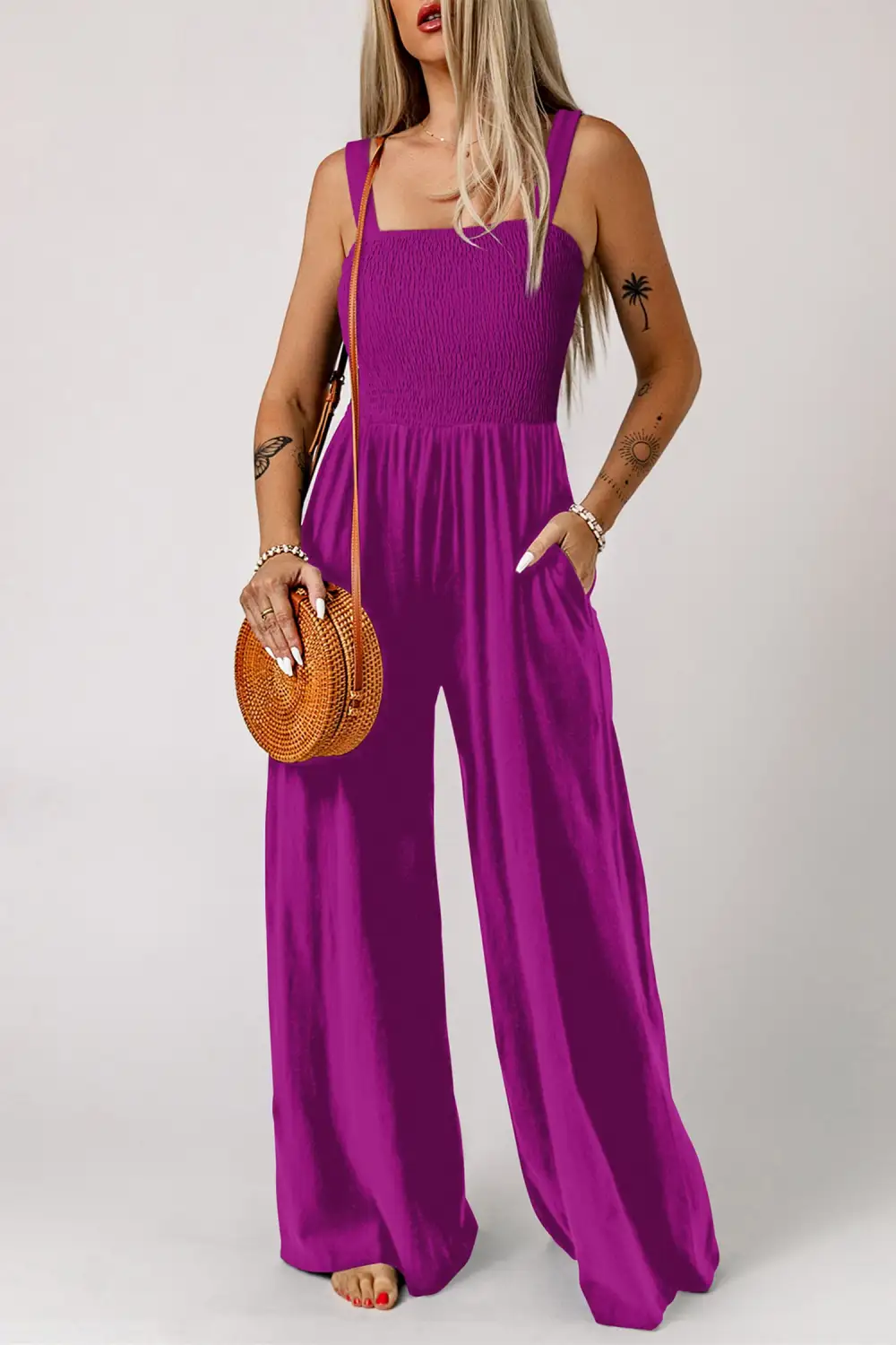 Orchid Smocked Square Neck Sleeveless Pockets Jumpsuit