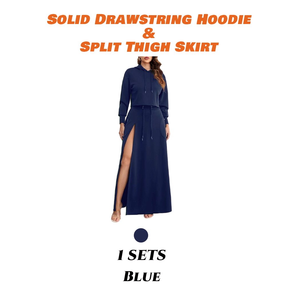 Women'S Solid Drawstring Hoodie & Split Thigh Skirt Set, Long Sleeve Top & Pocket Long Skirt, Casual Fashion Cozy Co-Ord Set, Women Clothes