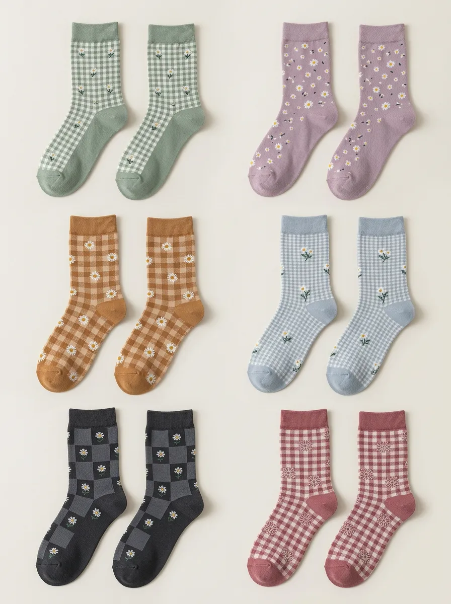 Women's Gingham Floral Embroidered Crew Socks Six Pair Set