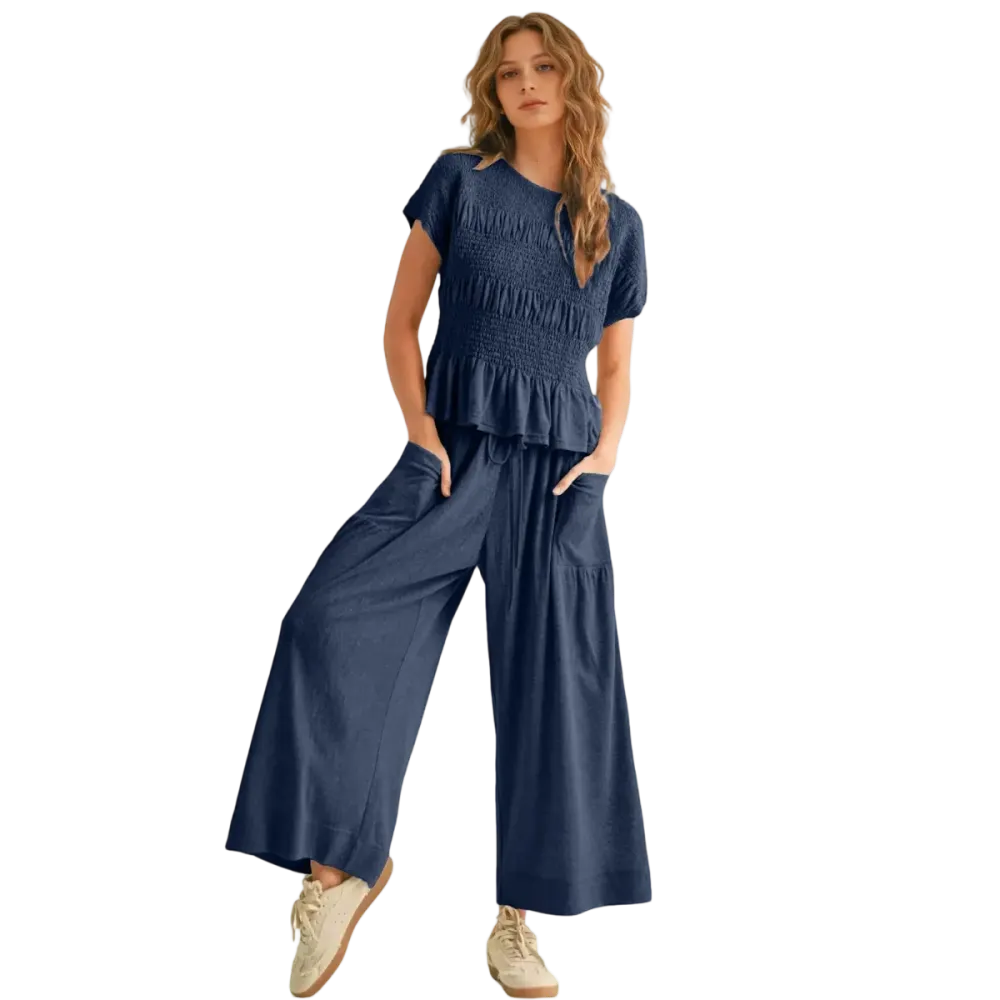 Women's Boho Chic Pleated Top & Wide-Leg Set