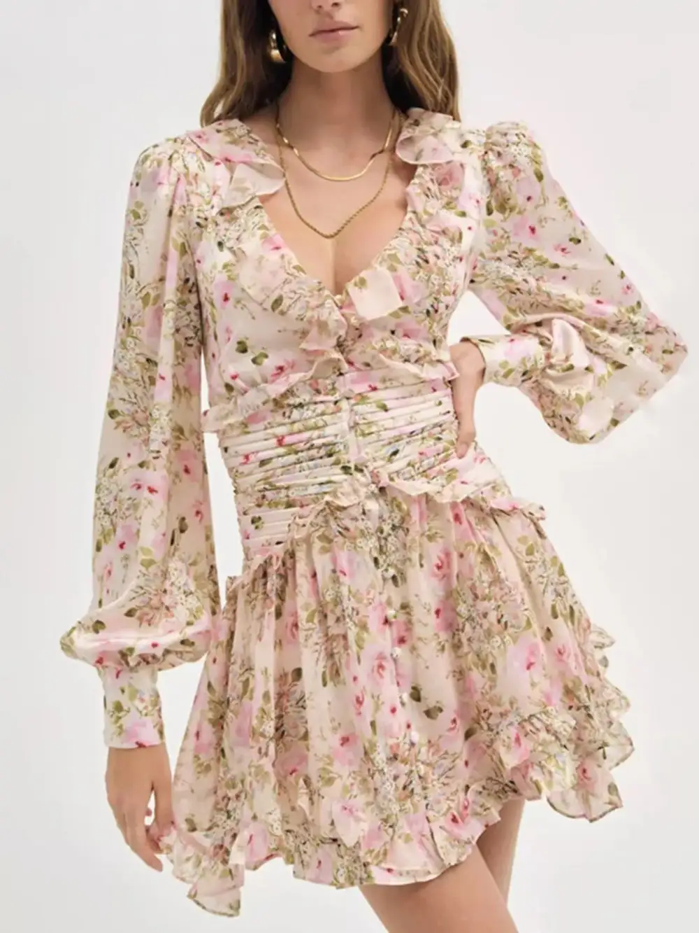 Structured Shape Floral Printed Ruffle Mini Dress