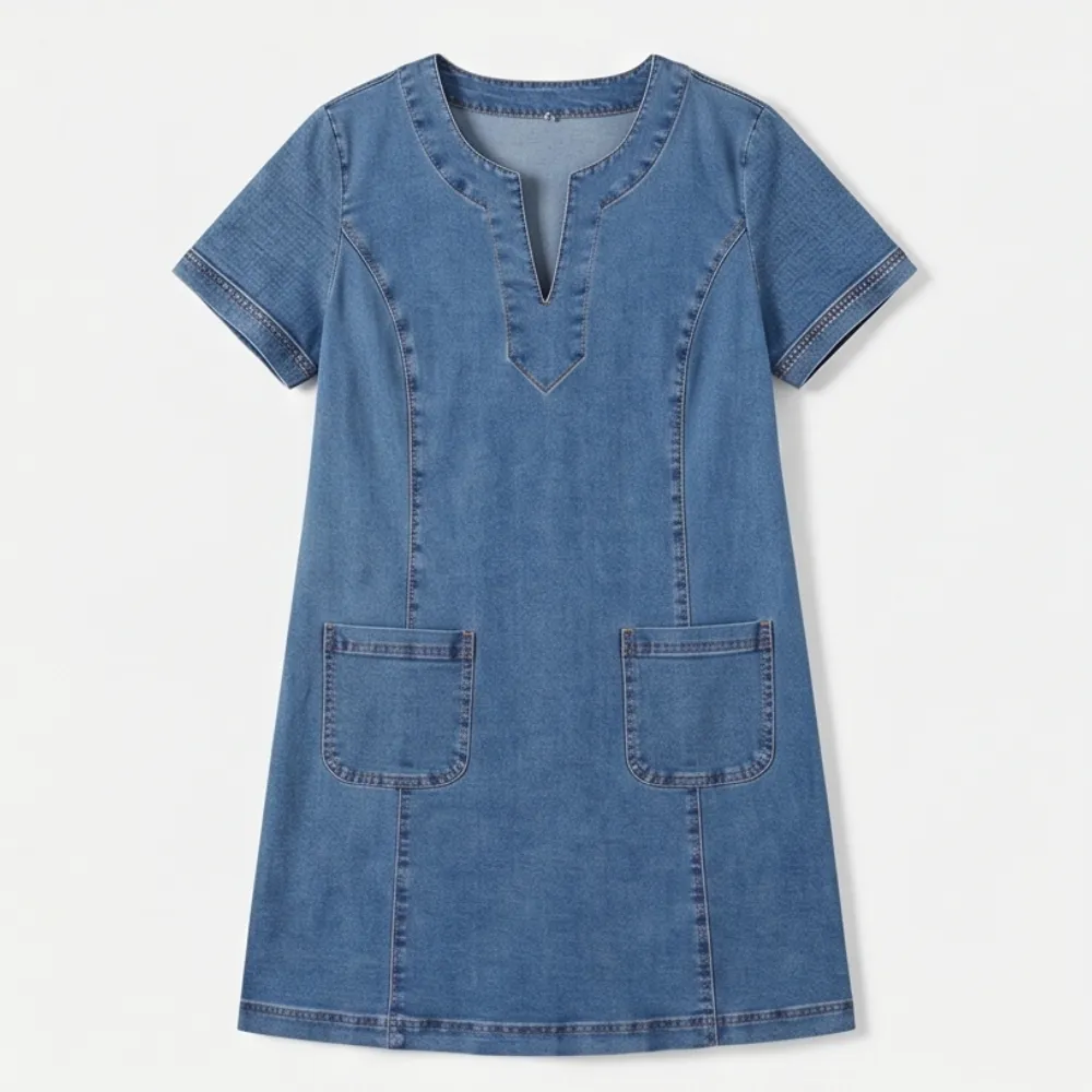 V Neck Pocket Denim Midi Dress
