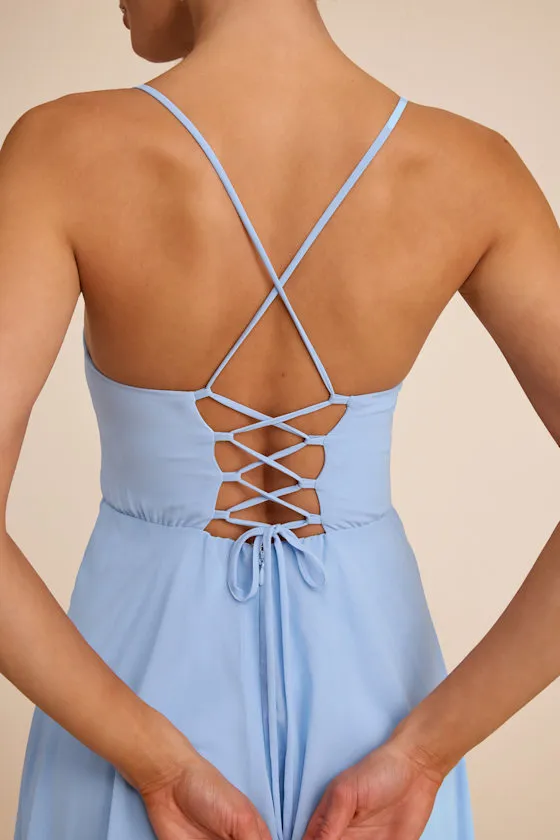 Romantically Speaking Light Yellow Cowl Lace-Up Maxi Dress